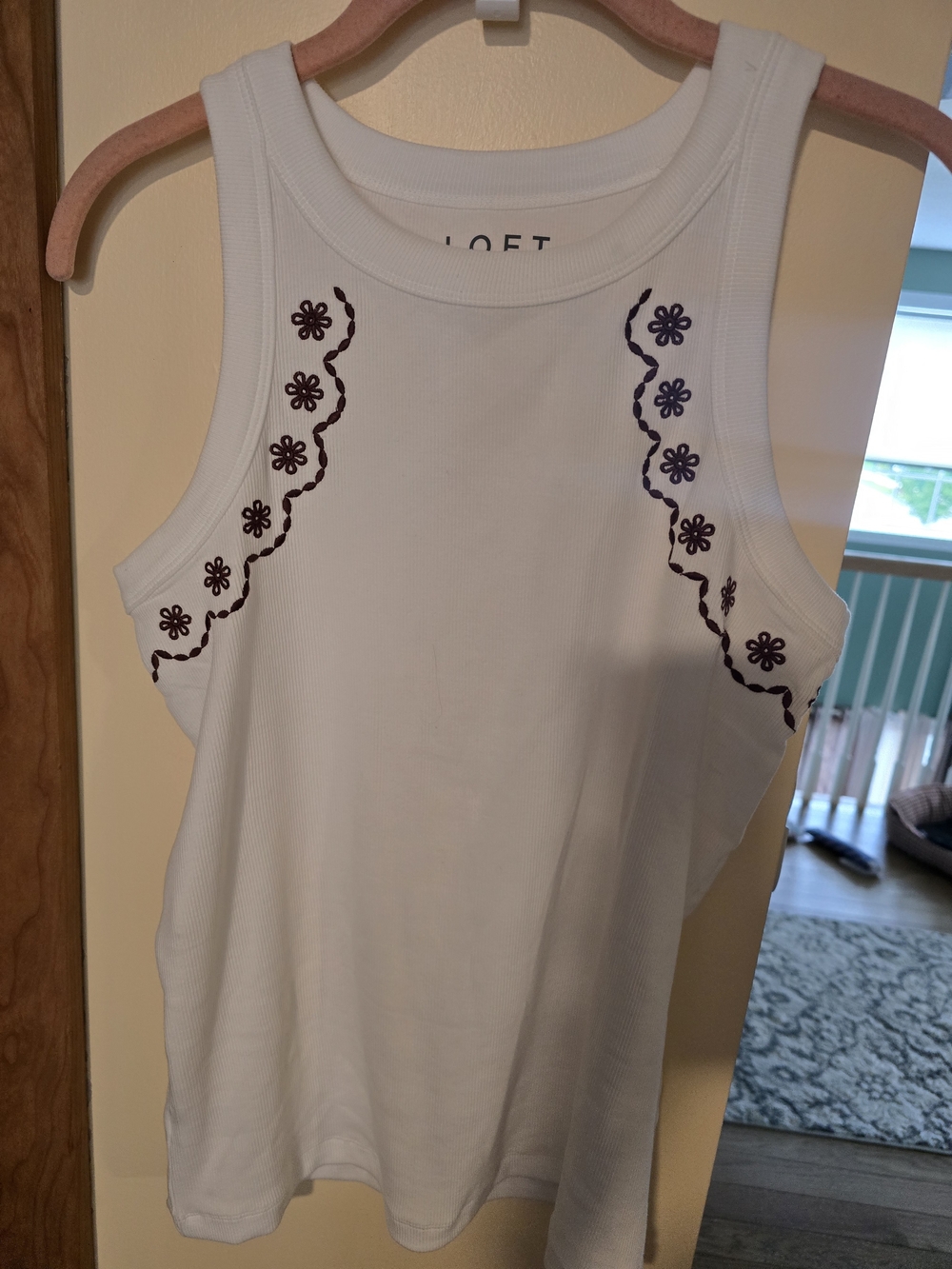 LOFT White Ribbed Tank with brown Floral Trim